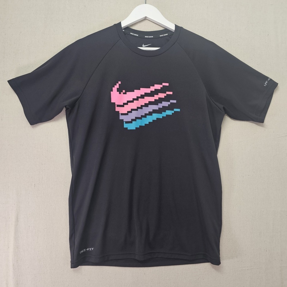 Nike Swim Men's Small Black Digi Swoosh Hydroguard Shirt Pink Purple Blue UPF40